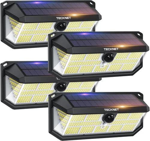 Vista 9 de TECKNET 495 luces LED solares para exteriores, impermeables, IP66, gran angular de 300° y 3 modos de iluminación, sensor de movimiento, luces