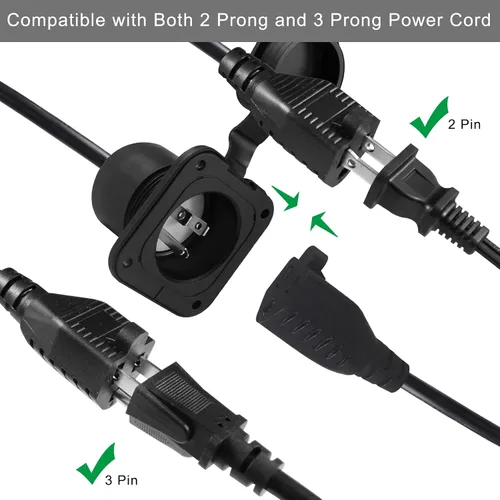Vista 7 de Enchufe de puerto de CA de 15 A, enchufe de entrada de alimentación de 125 V con cable de extensión de 18 pulgadas, enchufe NEMA 5-15 con brida