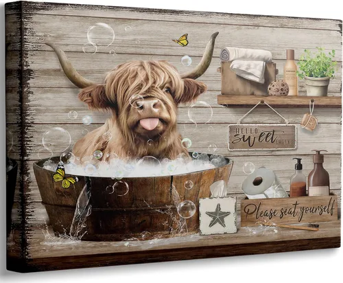 Vista 11 de Divertido arte de pared de baño de vaca de las tierras altas, rústico, color marrón, lindo animal, pintura, imagen, decoración de pared, ganado