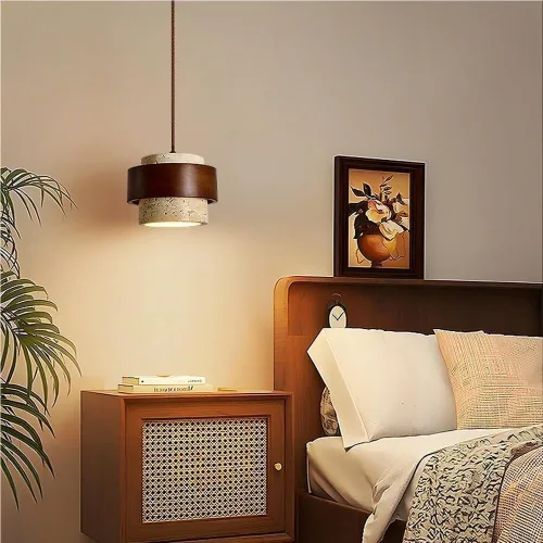 Vista 4 de Retro Solid Wood Hanging Lamp Nordic Cylinder Yellow Travertine Chandeliers Modern Small Bedroom Bedside Pendant Lights for Living Room Study
