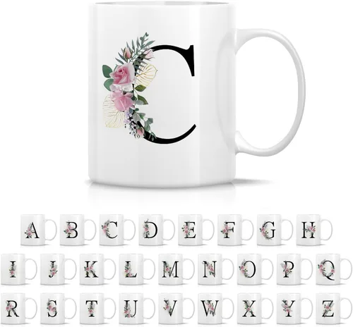 Vista 13 de Retreez Ramo botánico floral inicial A-Z con monograma, taza con monograma de cerámica de 11 onzas, regalo de agradecimiento de agradecimiento