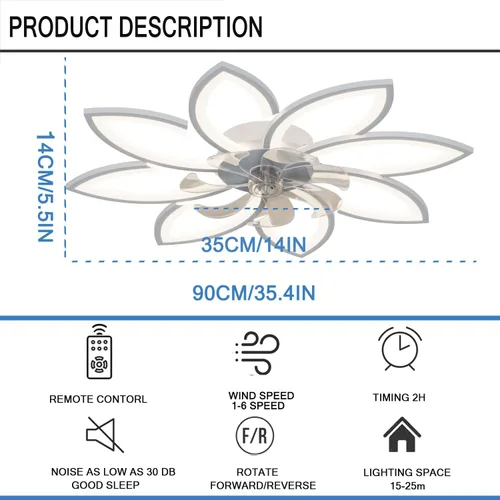 Vista 8 de Ventiladores de techo de 35'' con luces, ventilador de techo sin aspas con luces y control remoto, ventilador de techo de montaje empotrado con luz