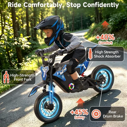 Vista 4 de 36V Electric Dirt Bike for Kids 4-10, 700W Peak & Max 15.5 MPH, 13.7 Miles Blue