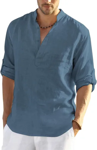 Vista 22 de COOFANDY Camiseta Henley de algodón y lino para hombre, de manga larga, estilo hippie, casual, playera
