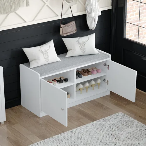 Vista 3 de ECACAD Banco de almacenamiento de zapatos de 2 niveles con asiento acolchado, 2 puertas y 4 compartimentos de almacenamiento, banco de madera