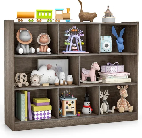 Vista 10 de KOTEK Organizador de almacenamiento de juguetes, estantería infantil de 5 cubos, estantería de madera de 3 niveles, estante abierto para guardería