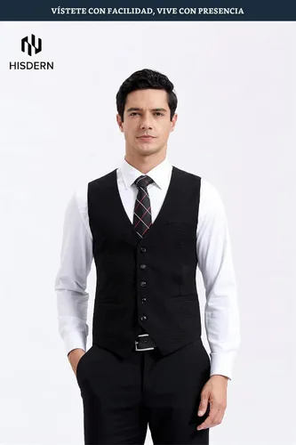 Vista 2 de HISDERN Vest 101 - Chaleco de traje ajustado para hombre con 3 bolsillos para negocios, formal, boda, baile de graduación y esmoquin casual a1-Negro