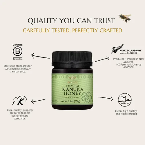 Vista 6 de BeeNZ Miel Kānuka cruda – Miel Kānuka monofloral pura de Nueva Zelanda, edulcorante natural y superalimento para el bienestar, cuidado de la piel