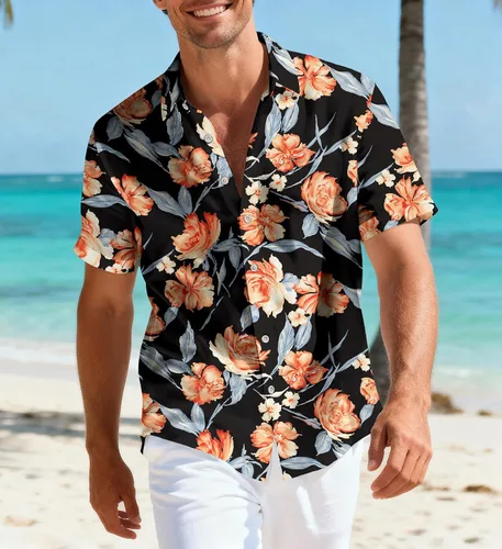 Vista 7 de Camisas hawaianas para hombre, casual, manga corta, con botones, tropical, verano, playa, con bolsillo Camisas de bolos negras para hombre