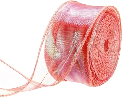 Vista 42 de MECCANIXITY - Cinta de organza con cable de 1 1/2" de ancho, brillante, transparente, con brillo irisado en tonos pastel, cinta de gasa para Beige