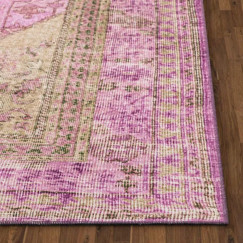 Vista 6 de Well Woven Nile Gila - Alfombra de área lavable a máquina, medallón bohemio vintage, rosa oriental, tejido plano, envejecido, 7 pies 7 pulgadas x 9