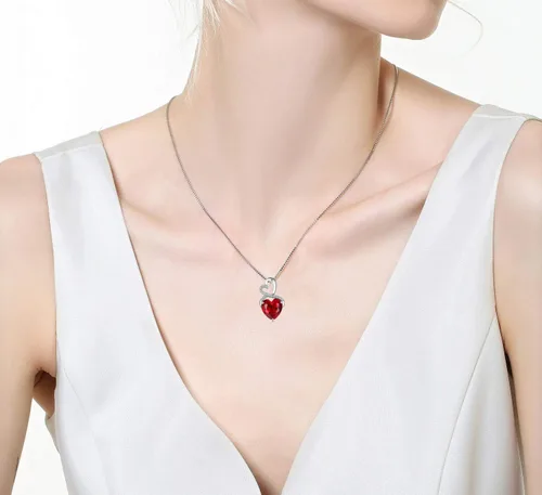 Vista 5 de The Diamond Deal Collar con colgante de piedra preciosa de rubí rojo y piedra natal de julio, corazón y diamantes en plata de ley 925, Diamante, Rubí