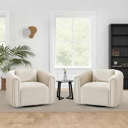 Vista 11 de ANJ Silla giratoria decorativa, silla de barril de terciopelo para sala de estar, cómodo sillón moderno, completamente montado (beige)