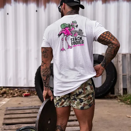 Vista 5 de Combat Iron Flamingo Operator Stack Bodies - Camiseta patriótica de manga corta para hombre, preencogida, ajuste atlético
