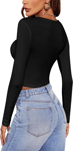 Vista 5 de Riyiper 3 piezas de camiseta corta de manga larga para mujer, ajustada, cuello redondo, camiseta básica casual para mujer