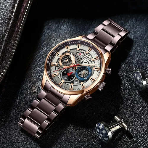 Vista 4 de FANMIS Reloj de pulsera de cuarzo analógico de acero inoxidable impermeable para hombre