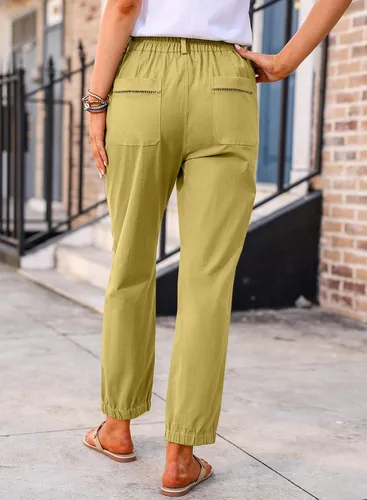 Vista 4 de EVALESS Pantalones casuales para mujer, elásticos, de cintura alta, con botones, pierna recta, holgados, de algodón, con bolsillos