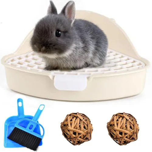 Vista 8 de Hamiledyi Caja de arena pequeña para conejo para jaula triangular, entrenador de orinal de esquina, conejo, inodoro, bandeja de plástico para Azul