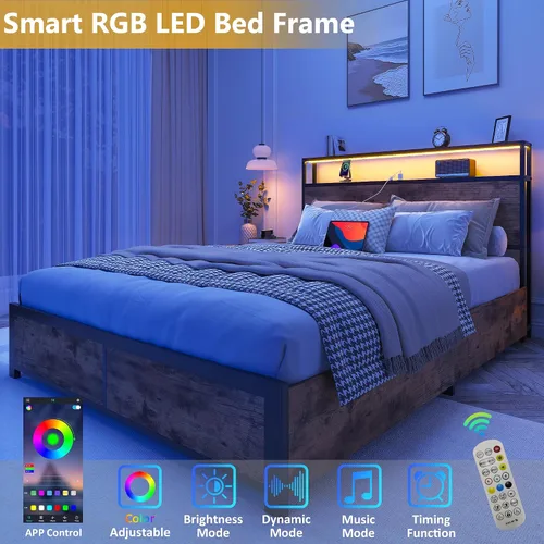 Vista 5 de Lifezone Estructura de Cama Full con Cabecero de Almacenamiento de 2 Niveles, Estructura de Cama de Plataforma de Metal con 4 Cajones de Marrón