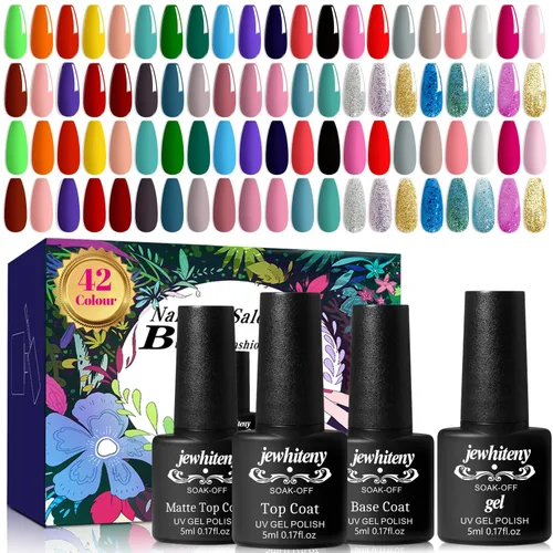 Vista 9 de JEWHITENY Juego de 30 esmaltes de uñas de 27 colores, verde, azul, rosa, naranja, Gitter Sock Off Gel Polish con capa base superior mate y brillante