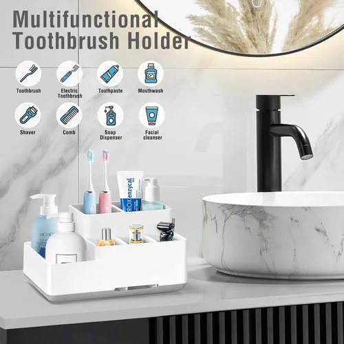 Vista 3 de Soporte para cepillo de dientes eléctrico, organizador de baño antideslizante desmontable con 6 compartimentos y agujeros de drenaje, organizador