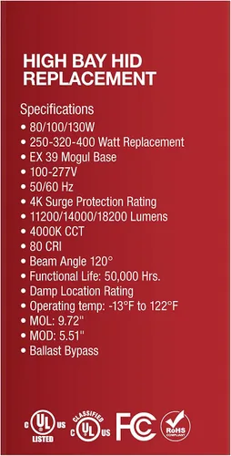 Vista 3 de Satco S33114 Hi-Pro LED High Bay - Luz de repuesto HID seleccionable, color blanco, 80W/100W/130W