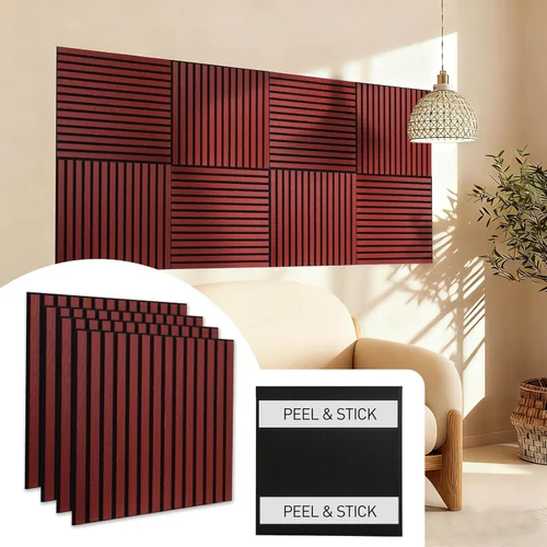 Vista 9 de Paneles de pared de listones de madera acústica para despegar y pegar, paneles insonorizados de grano de madera 3D de 23 x 23 pulgadas, paquete