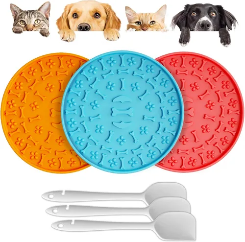 Vista 8 de Alfombrilla de silicona para lamer perros y gatos, paquete de 3, tapete de silicona para lamer perros con ventosas, alivia la ansiedad, promueve una