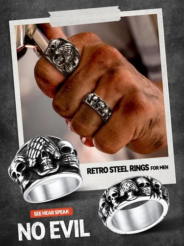 Vista 2 de FaithHeart 3 anillos de calavera para hombre, acero inoxidable sólido, gótico, punk, motociclista, esqueleto, para grabar, tallas 7-14