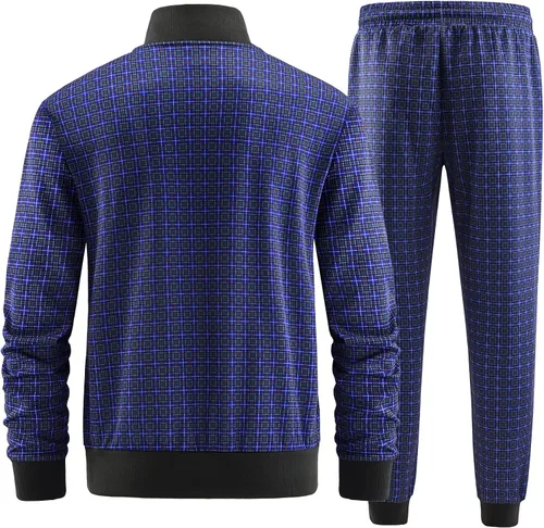 Vista 3 de W JIANWANG Conjunto deportivo a cuadros para hombre, conjunto de chándal deportivo para hombre, ropa deportiva