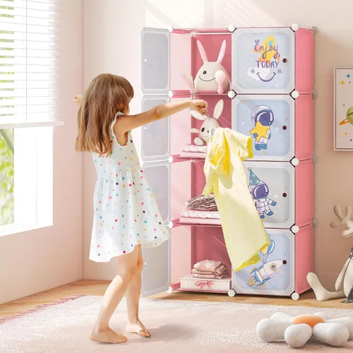 Vista 2 de INFANS Armario para niños, armario portátil para bebé, lindo para dormitorio de niños, armario de guardería con puertas, 12 cubos, 2 secciones