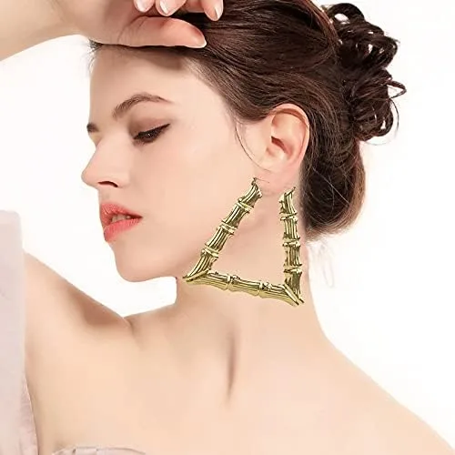 Vista 2 de Aretes de aro de bambú dorados Aros de bambú grandes y gruesos para mujer Joyería de hip-hop de los años 90