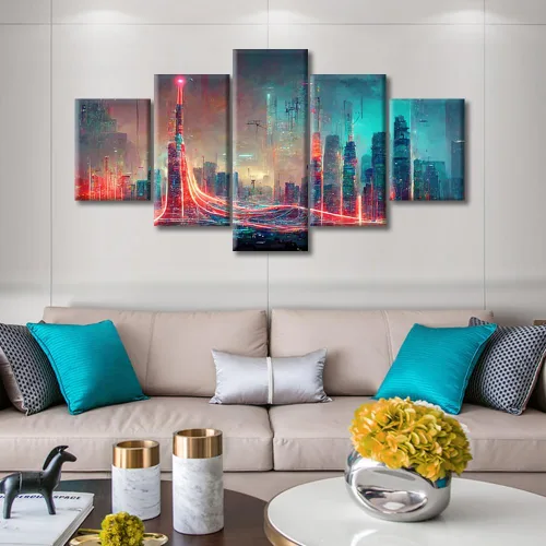 Vista 97 de Cuadros de 5 paneles de Cyberpunk City, arte de pared, representación de vallas publicitarias, edificios modernos en la capital con obras de arte