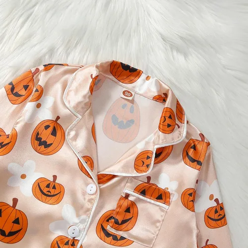 Vista 3 de Pijamas de Halloween para niños y niñas pequeñas, pijamas de seda de calabaza, manga larga, con botones, pantalones y 2 piezas