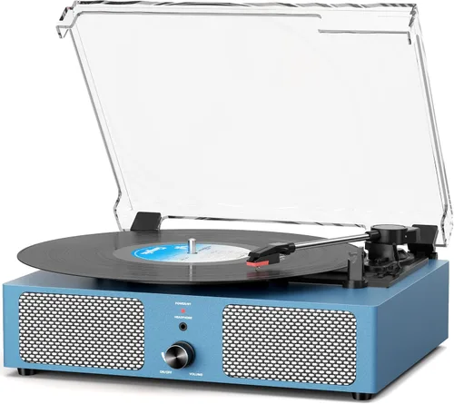 Vista 10 de Tocadiscos de vinilo con receptor Bluetooth integrado y 2 altavoces estéreo, 3 velocidades y 3 tamaños, tocadiscos retro portátil para Amarillo
