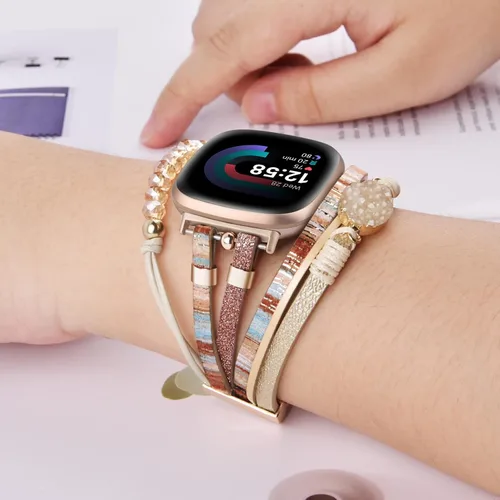 Vista 5 de VISOOM Pulsera bohemia con cuentas compatible con Fitbit Versa 2/Fitbit Versa/Versa Lite, correas de cuero a la moda, linda, hecha a mano, multicapa