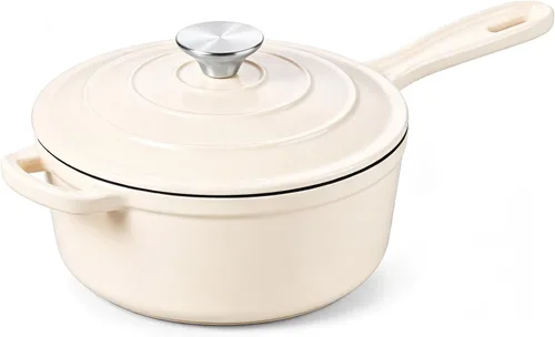 Vista 38 de Onader Sartén de hierro fundido esmaltado, cacerola pequeña de 1 cuarto de galón con tapa, olla de hierro fundido, horno holandés esmaltado, Blanco