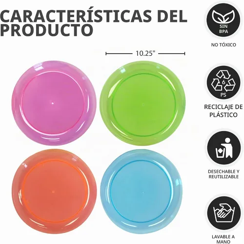Vista 3 de Party Essentials Platos de plástico duro para fiesta/cena de 10.25 pulgadas, neón surtidos, 20