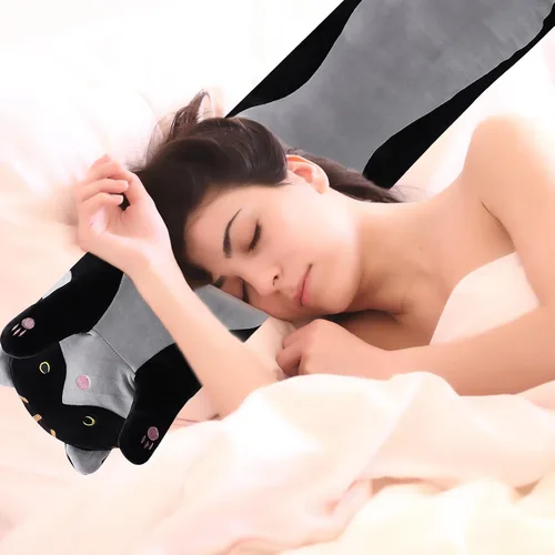 Vista 4 de shangman Bonita muñeca de gato de peluche, bonita almohada de peluche suave de caricaturas, almohada larga para dormir, regalo del día de San Negro