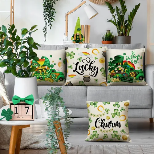 Vista 2 de NIGHTWISH Juego de 4 fundas de almohada del Día de San Patricio de 16 x 16 pulgadas, diseño de gnomo de camión de trébol, decoración del día de San