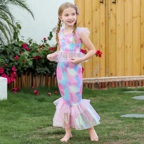 Vista 6 de Tempura Ropa de disfraz de sirena para niñas y niñas, con diamantes de imitación teñidos, falda de sirena, calzoncillos para fiestas de niños