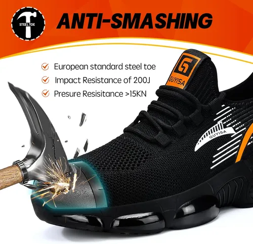 Vista 2 de BAIYIJIA Zapatos de punta de acero para hombre, zapatos de trabajo antideslizantes para construcción con amortiguación de aire, zapatos