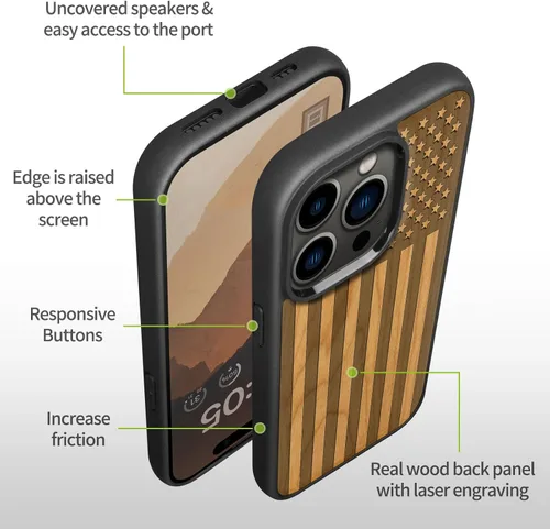 Vista 7 de Carveit - Funda de madera para iPhone 15 Pro Max, la clásica bandera americana, color cereza Magnetic iPhone 15 Pro Max Case Compatible with