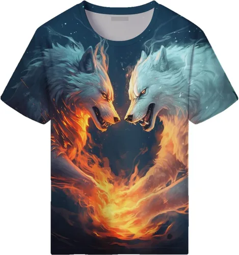 Vista 2 de Camiseta con estampado de lobo de fuego para hombre, camiseta con estampado en 3D, camiseta de moda