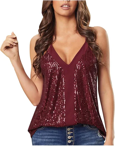 Vista 3 de Camiseta sin mangas con purpurina brillante para mujer, camiseta corta con lentejuelas para mujer, chaleco brillante sin mangas, camiseta