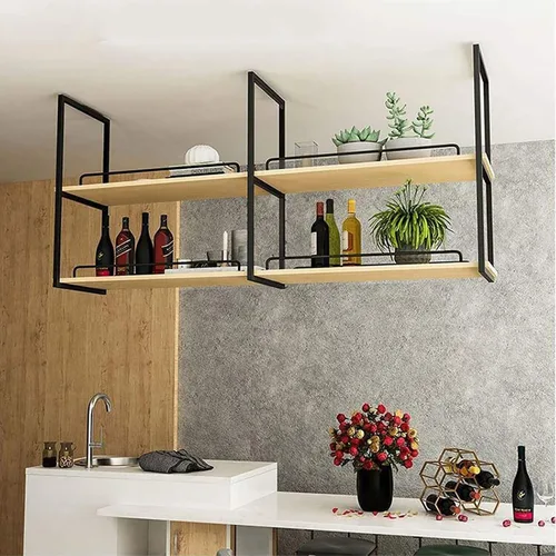 Vista 3 de Estantería de techo, estante de almacenamiento montado en el techo de 2 niveles de madera maciza de hierro nórdico, libros de plantas para botellas