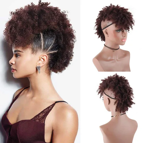 Vista 8 de Aisaide Cola de caballo afro Mohawk alta con flequillo sin cordón, extensión de cola de caballo corta rizada sin cordón, clip sintético en moño