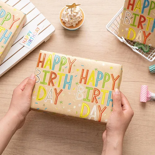 Vista 4 de RUSPEPA - Rollo de papel para envolver regalos de cumpleaños, rollo jumbo, papel de regalo de cumpleaños colorido con texto de lámina dorada, papel