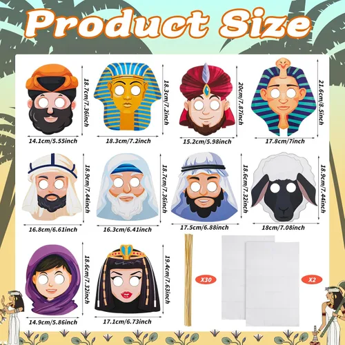 Vista 2 de Blueweenly 30 máscaras de personajes de Pascua, marionetas de palo de pesaj, máscaras de disfraz de Egipto, para festivales, juegos de rol, fiesta