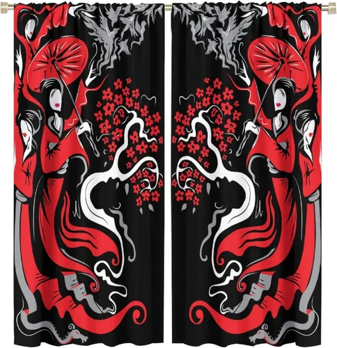 Vista 26 de Cortinas de estilo japonés, Kyoto Geisha Girls Asian Ink Painting - Cortinas de tela de poliéster con estampado de Japón antiguo para dormitorio